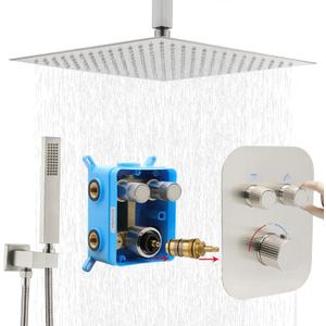 Thermostatic Shower System 16 Inch Ceiling Mount Brushed Nickel Shower System Bathroom Luxury Rain Mixer Shower Set with Handheld (All Functions Can Run Simultaneously)