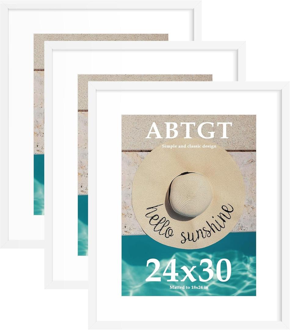 Abtgt 24x30 Frame Set of 3, Display Pictures 18x24 with Mat or 24x30 without Mat, Vertical & Horizontal Wall Decoration Picture Frame for Photos, Posters & Art Prints, White
