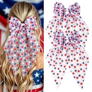 4th of July Hair Bow Clips for Women Independence Day 2 PCS | Stiff Tulle Glitter Red White Blue Star Print Large Patriotic Hair Bows Hairgrips Cheerleader Teens Decor