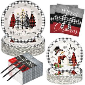 200 PCS Christmas Paper Plates Napkins Party Set Buffalo Plaid Xmas Tree Snowman Dinnerware Plate and Napkin Sets for Xmas Party Supplies Dinner Winter Decorations for 50 Guests