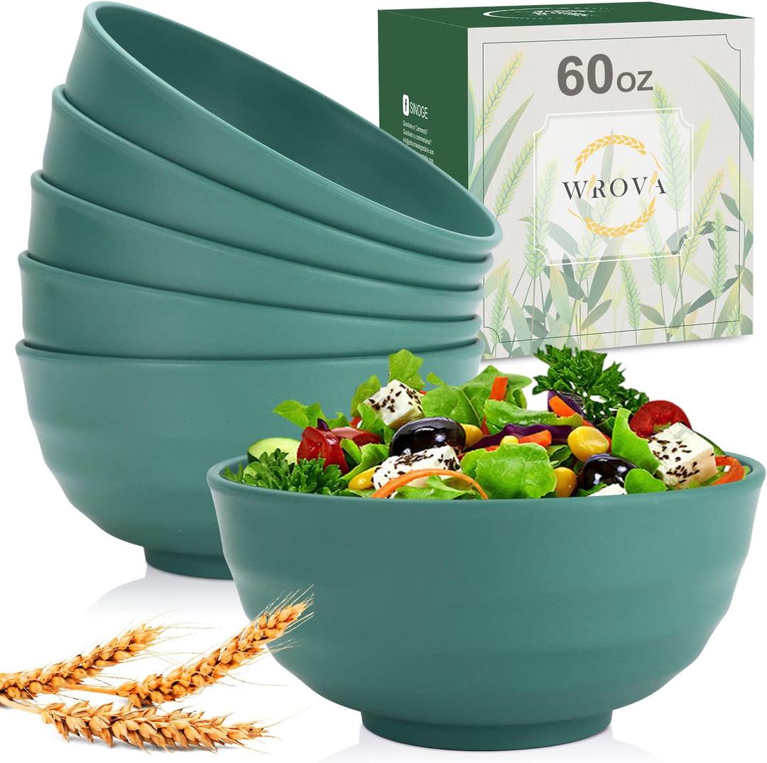 Wrova Wheat Straw Bowls Set 60 OZ Unbreakable Large Cereal Bowls Set of 6 Microwave and Dishwasher Safe Bowls Big Bowls for Dorm and Apartment BPA Free Soup Bowl for Serving Oatmeal and Salad (Green)