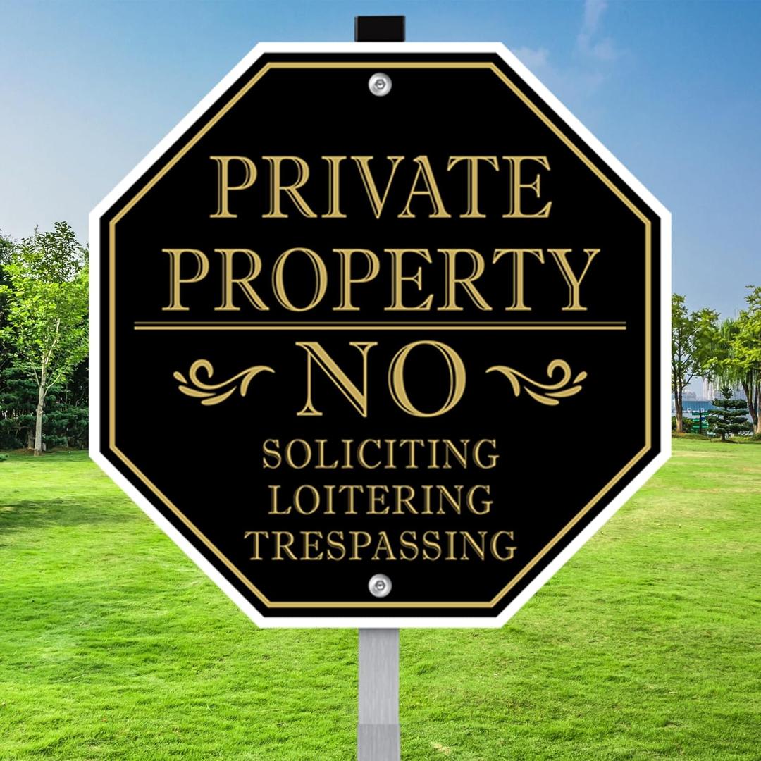 No Trespassing Signs Private Property, No Soliciting Sign for House, 10 x 10 Inches No Loitering Aluminum Metal Signs with 28 Inches Long Stakes for Outdoor Yard (Black/Gold, 10 x 10 inches)