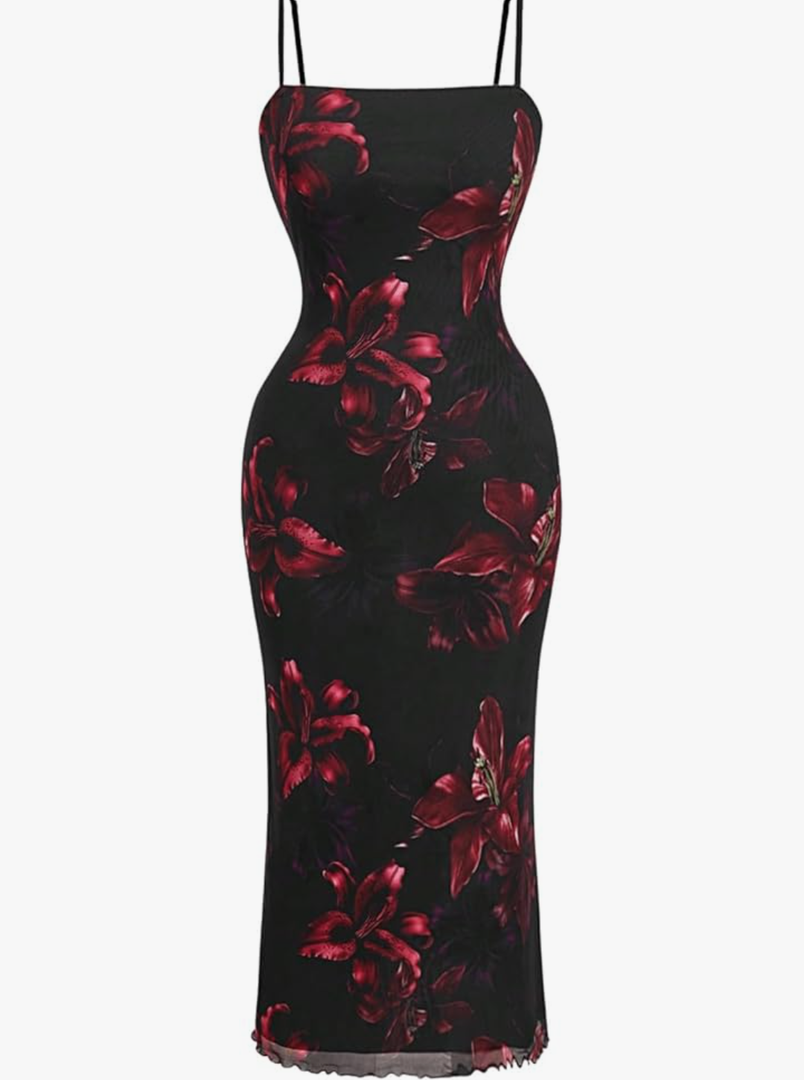 Women's Y2K Floral Bodycon Dresses Going Out Date Night Plus Size Cocktail Dress for Curvy Mesh Long Sundress XXL