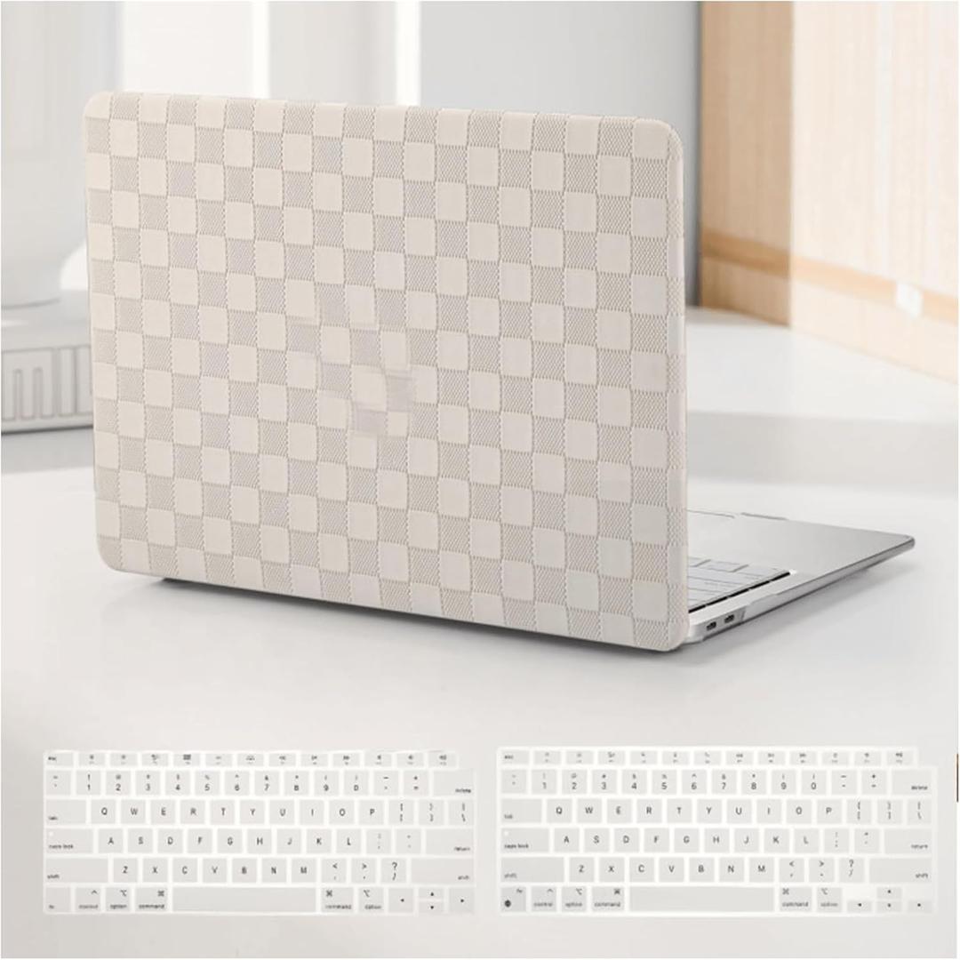 Compatible with MacBook Air 13 Inch 2022 2021-2018 M1 A2337 A2179 A1932, Checkered Textured Cream Leather Hard Shell Case No Logo Cutout & Keyboard Cover for Mac Air 13, Beige