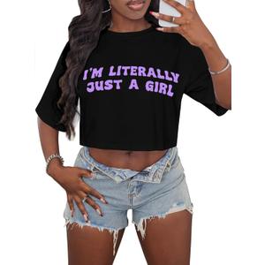 LovelyWholesale Baby Tee for Women Graphic Crop Tops Summer Short Sleeve Tops Black Purple G X-Large