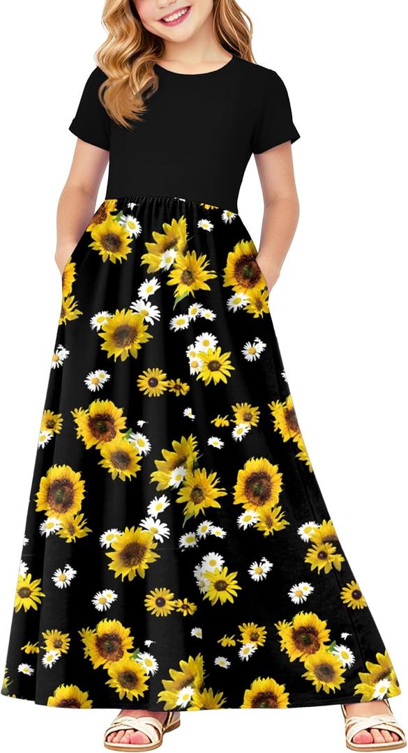 Deerose Girls Summer Maxi Dress American Flag Dresses with Pockets 5-6 Years, Sh | Sunflower