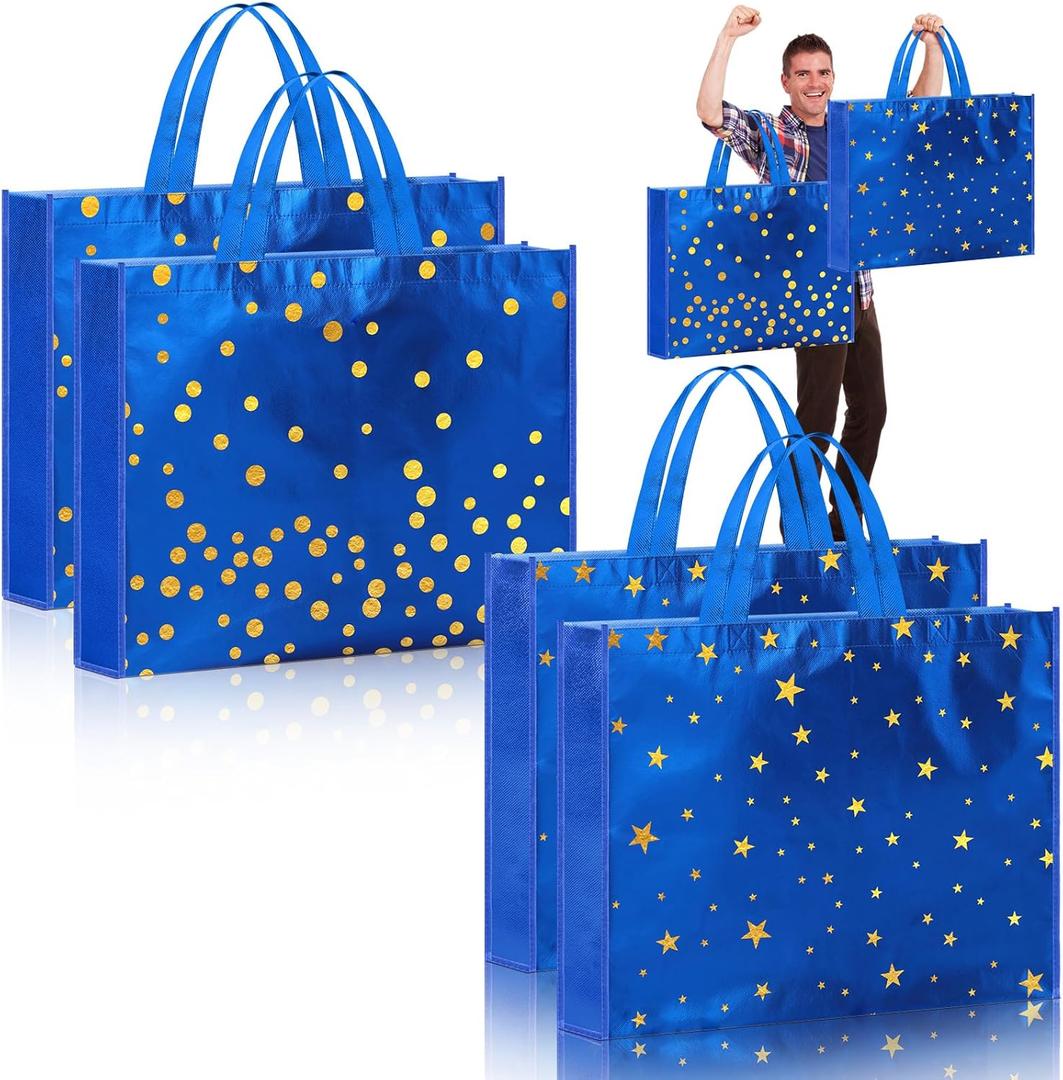 Kajaia 4 Pcs 20 x 16 Inch Extra Large Party Gift Bags for Men Jumbo Gold Stamping Large Tote Bag with Handles Reusable Non Woven Gift Wrap for Father's Day Baby Shower Party Favor Supplies