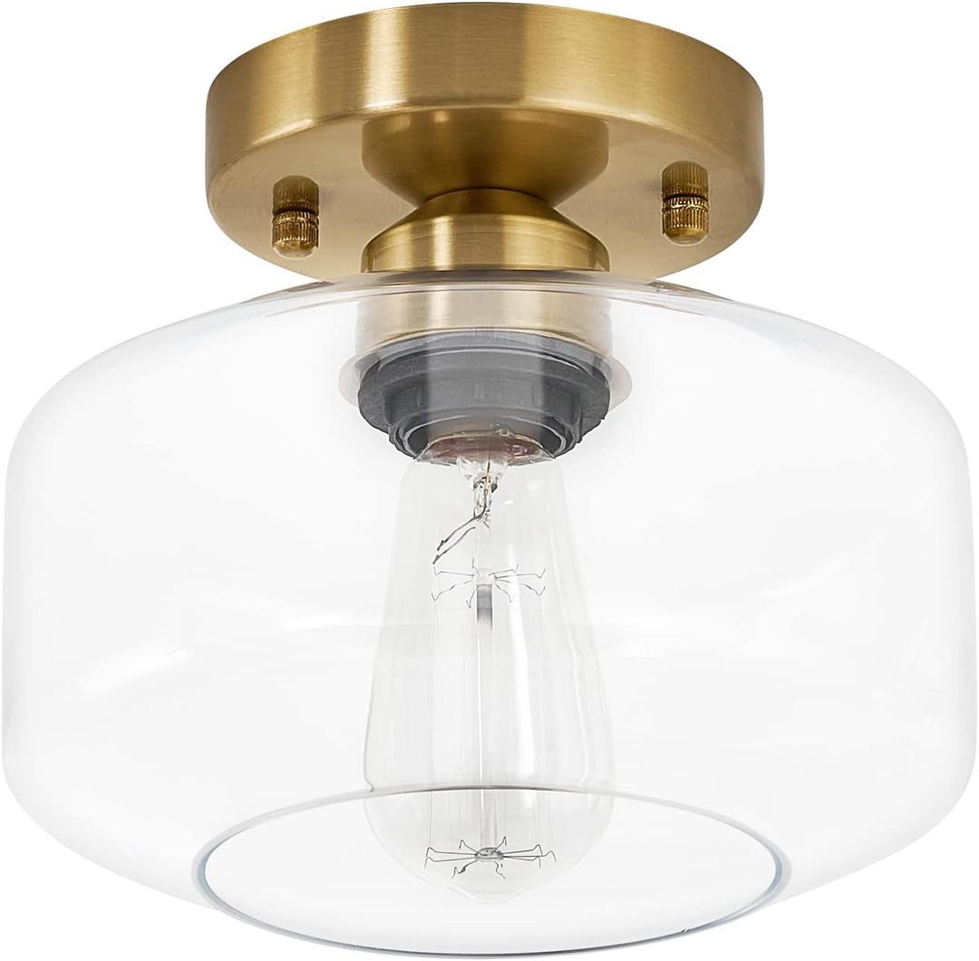 BISAMIYA Modern Gold Ceiling Light Fixture, Brass Finish Semi Flush Mount Ceiling Light with 8.66" Clear Glass Shade for Kitchen, Hallway, Entryway, Cafe
