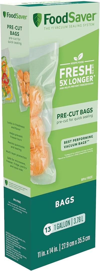 FoodSaver 1-Gallon Precut Vacuum Seal Bags with BPA-Free Multilayer Construction for Food Preservation & Sous Vide, 13 Count - FSFSBF0316-000,Clear