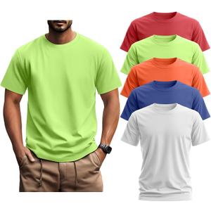 Ficerd 5 Pack Men's Big and Tall Shirts Short Sleeve Cotton Tee Summer Crew Neck Oversize Top Loose Fit Shirt Multipack (Large, Light Red, Neon Green, Jacinth, Royal Blue, White)