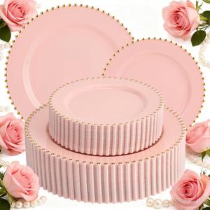 ejonirinjonir EI 60pcs Pink Plastic Plates with Gold Rim,Pink Party Plates Disposable,Heavy Duty 10" Dinner & 7" Dessert Plate Fancy Elegant Plate for Wedding,Birthday,Afternoon Tea,Valentine's Day