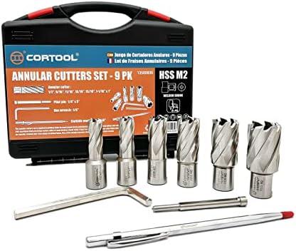 CORTOOL Annular Cutters Set 9pcs 3/4 Inch Weldon Shank 1 Cutting Depth 1/2-1-1/16 Cutting Diameter Two-Flat HSS M2 Slugger Bits for Mag Drill Press with Pilot Pin & Carbide Tipped Pen
