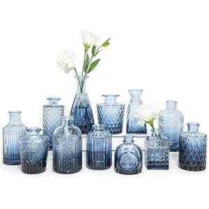 SUPMIND Glass Bud Vase Set of 12, Small Blue Flower Vases for Centerpieces in Bulk, Mini Vintage Vase for Wedding, Home,Table Decoration