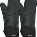 Extra Long Silicone Oven Mitts - Heat Resistant up to 500F, 15'' Waterproof and Non-Slip Oven Gloves with Soft Quilted Liner - Perfect for BBQ, Cooking, Baking, and Grilling - 1 Pair, Black