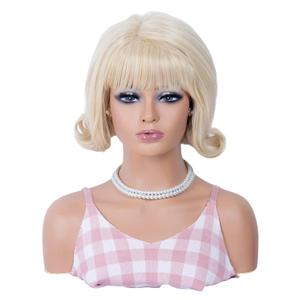 Blonde Wig for Women Gold Short Curly Retro Beehive Wig with Bangs 70's 80's Synthetic Costume Wig for Halloween,Cosplay,Daily Use
