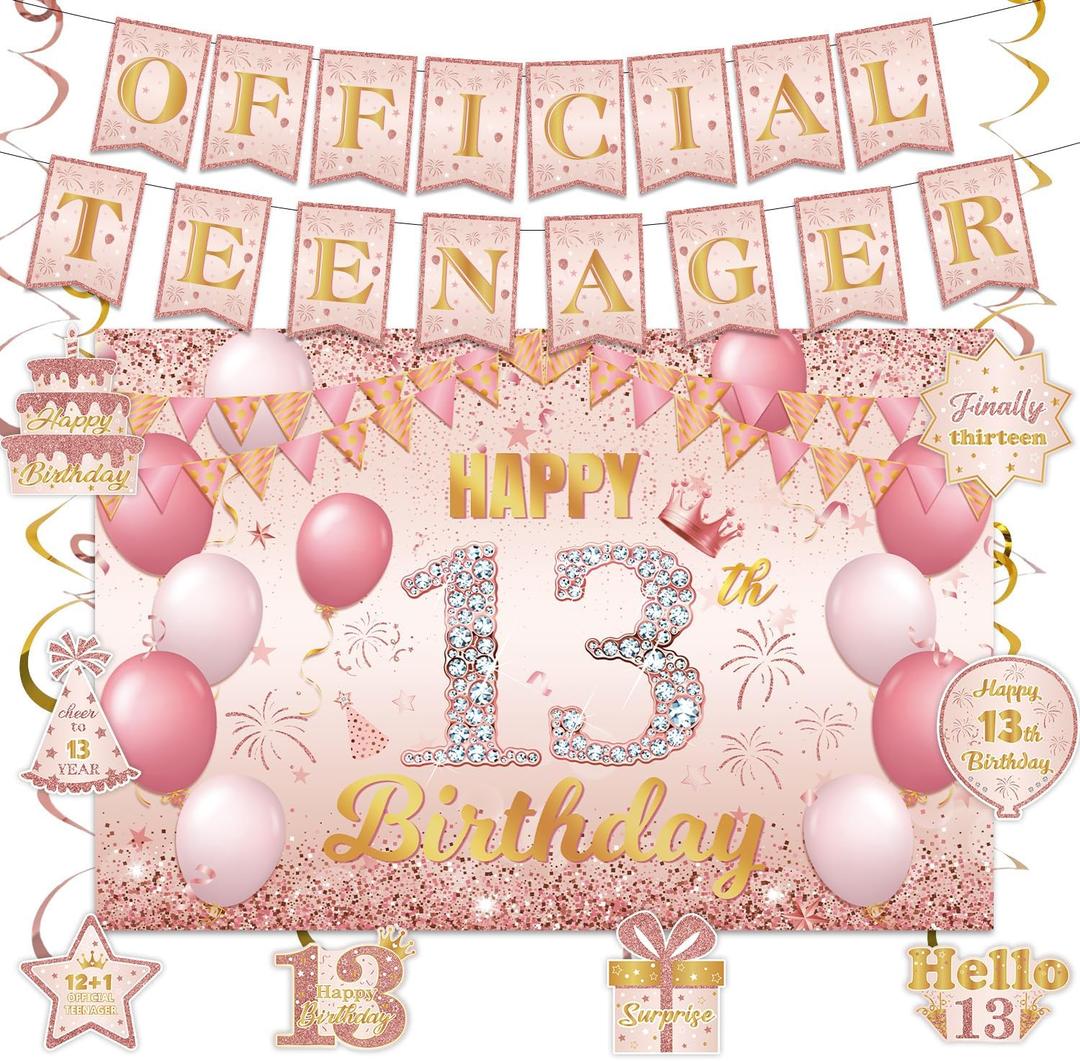 13th Birthday Decorations for Girls, Rose Gold Official Teenager Party Decorations Happy 13th Birthday Backdrop Official Teenager Banner and Hanging Swirls for 13 Birthday Girl Decorations