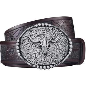 FIORETTO Western Cowboy Belts for Men Women Cowgirl Leather Belt Big Buckle Bull Belt for Jeans