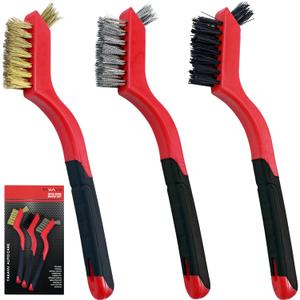 TAKAVU Small Wire Brush Set, 3 Different Brush Types Brass - Stainless Steel - Nylon Wire Brushes for Cleaning with Curved Handle Grip for Rust Removal, Dirt, Paint Scrubbing