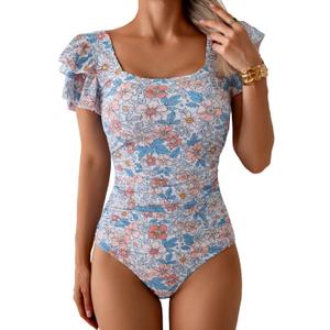 Eomenie Women's Tummy Control One Piece Swimsuit Ruffle Square Neck Bathing Suit Ruched Cutout Back Slimming Swimwear (Orange Print, S)