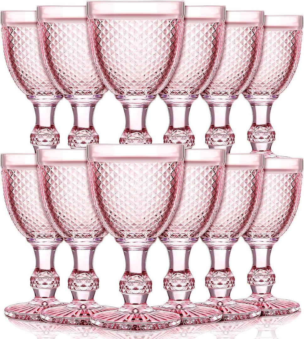 Bokon 12 Pack Pink Glass Goblets Set 10 oz High Clear Wine Glass Vintage Water Goblets Cups Embossed Diamond Design Glassware with Stem for Drinking Juice Liquor Party Wedding Bar, Standard