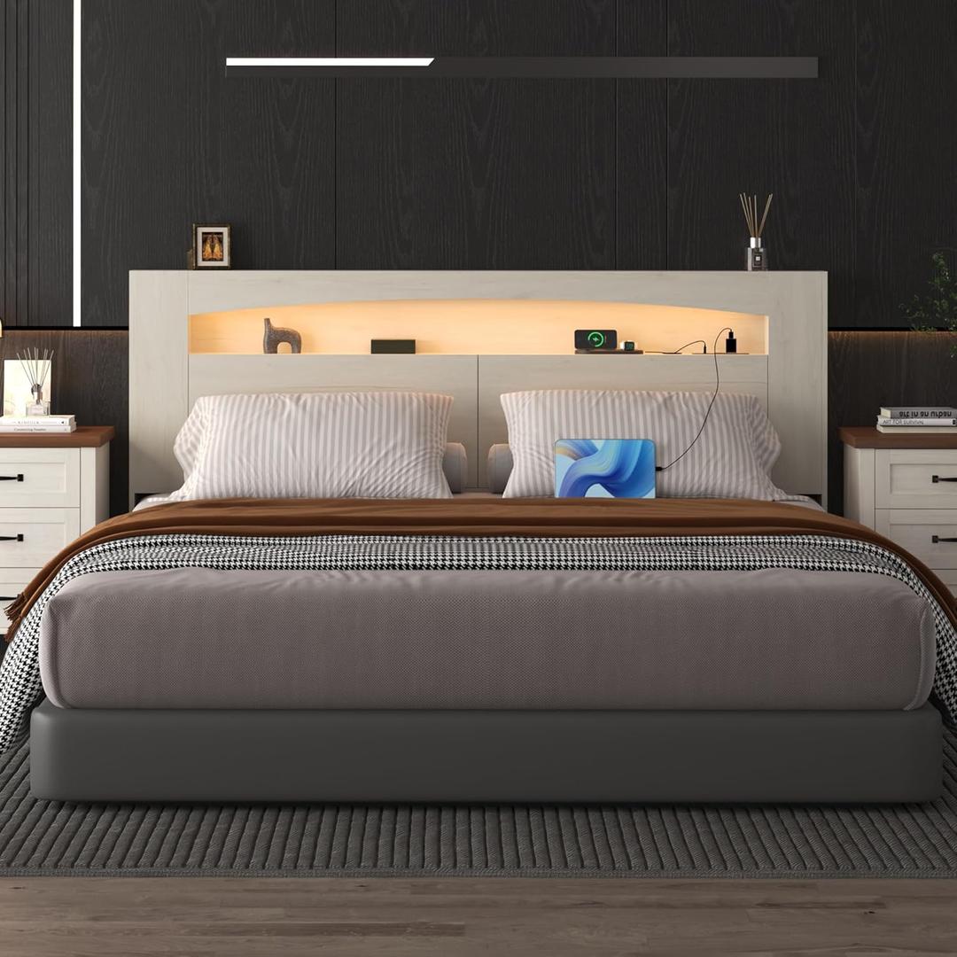 Queen Size Headboard Only Modern Sturdy Wooden Bed Backboard Wall Mounted Head Board, 3 Storage Zones, Unique Skirting Groove, High Load Capacity with Solid Wood Leg(Off-White, Queen)