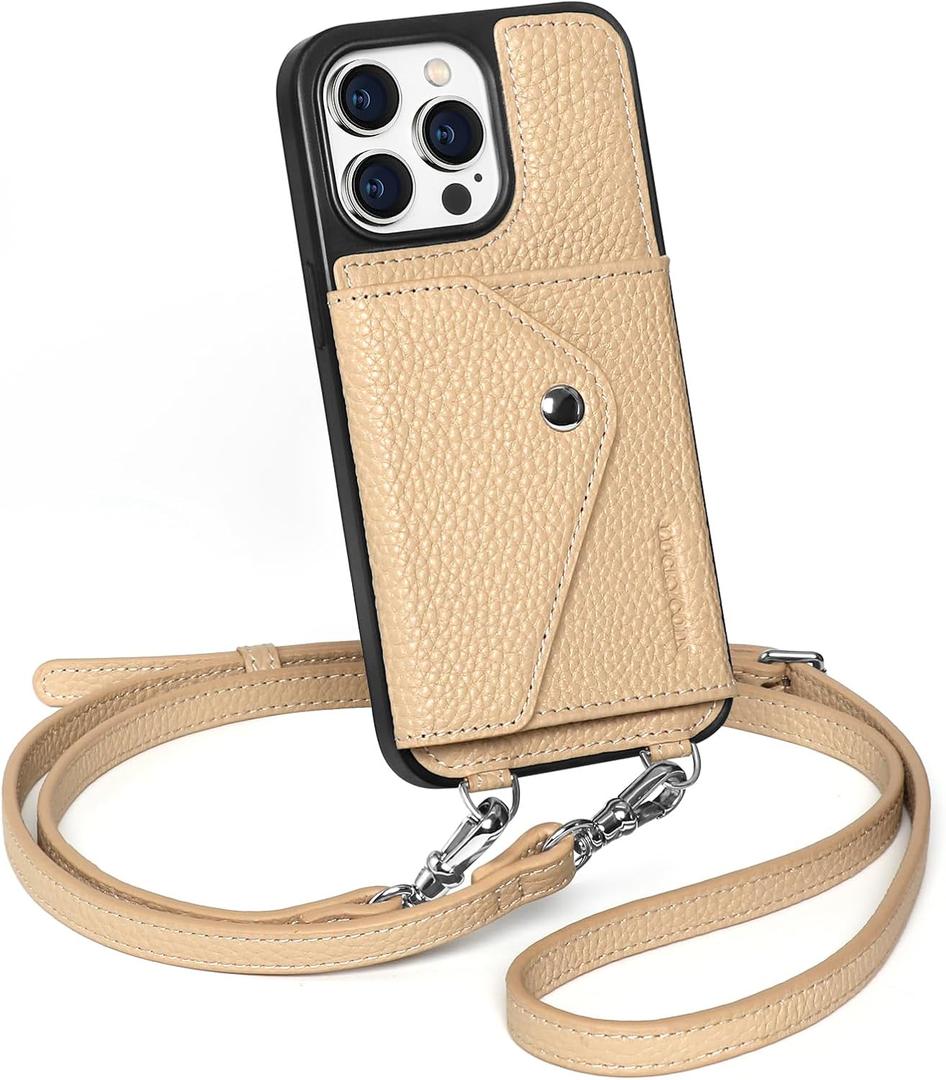 LUCKYCOIN Crossbody Phone Case for iPhone 14 Pro Max,100% Genuine Leather Phone Wallet Case for Women, Premium Hands-Free Phone Purse with Expandable Flip Card Holder & Adjustable Strap - Pebble Beige