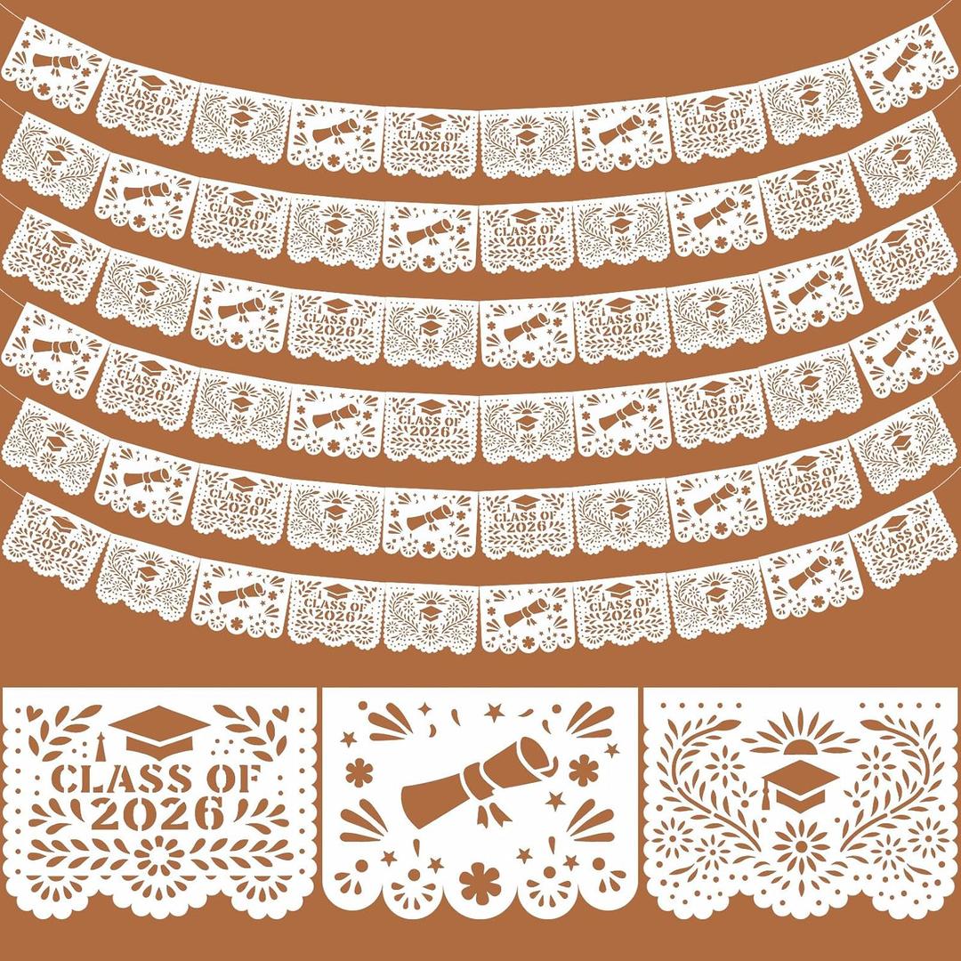 Hahafelt 6 Pack Plastic Mexican Graduation Banner 2026 Grad Papel Picado Party Decoration 118 Feet Black White Grad Cap Congrats Decoration Banner for Middle High Senior Party Supplies