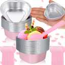 Nuogo 30 Sets Mini Heart Cake Pan with Lids and Scoops 1.86 Oz/ 55 ml Mini Heart Shaped Foil Aluminum Disposable Baking Cupcake for Party Wedding (Pink)