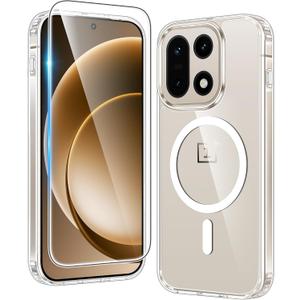 FNTCASE for Oneplus 15 Case Clear: One Plus 15 Case with Screen Protector Drop Proof Compatible with Magsafe Slim Anti Yellowing Rugged Shockproof Protective Transparent Cover (Clear Magnetic)