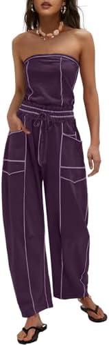 LAMISSCHE Women's Casual Strapless Jumpsuits off the Shoulder Summer Rompers Sleeveless One Piece Outfits with Pockets M
