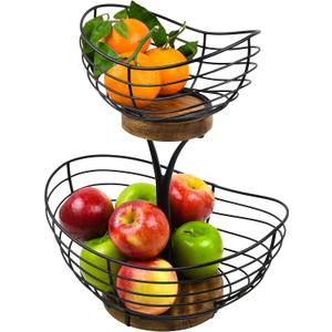 Modern Farmhouse 2 Tier Fruit Basket for Kitchen Counter, Vintage Wire and Wooden Base Fruit Bowl / Stand for Kitchen countertop Decor - Double Tree Fruit & Vegetables Basket