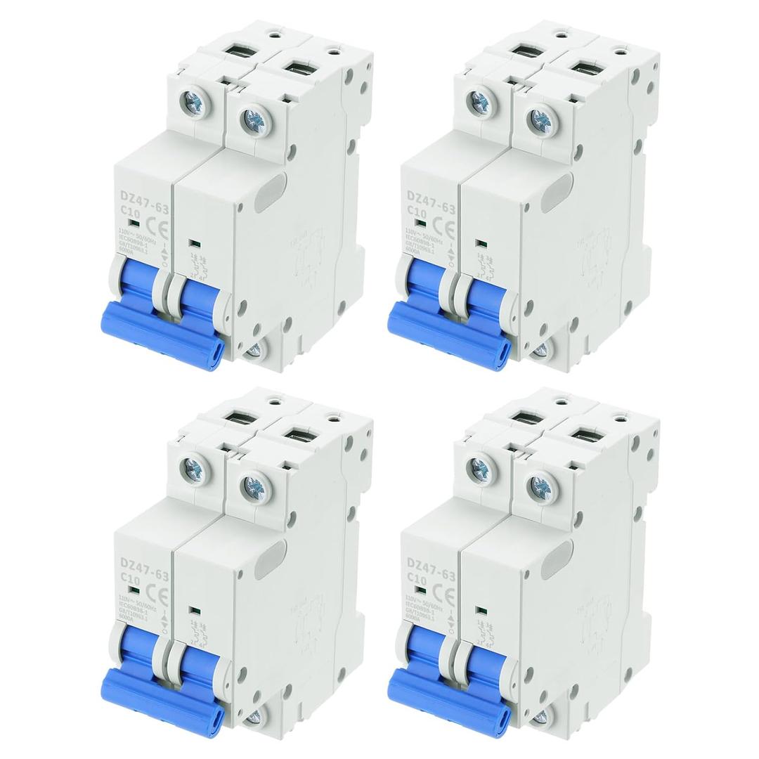 MECCANIXITY 4Pcs Miniature Circuit Breaker 2P 10A AC 110V DZ47-63 DIN Rail Mount Disconnect Switch Circuit Breaker Protection Thermal Magnetic Trip for Short Circuit Protection, Overload Blue