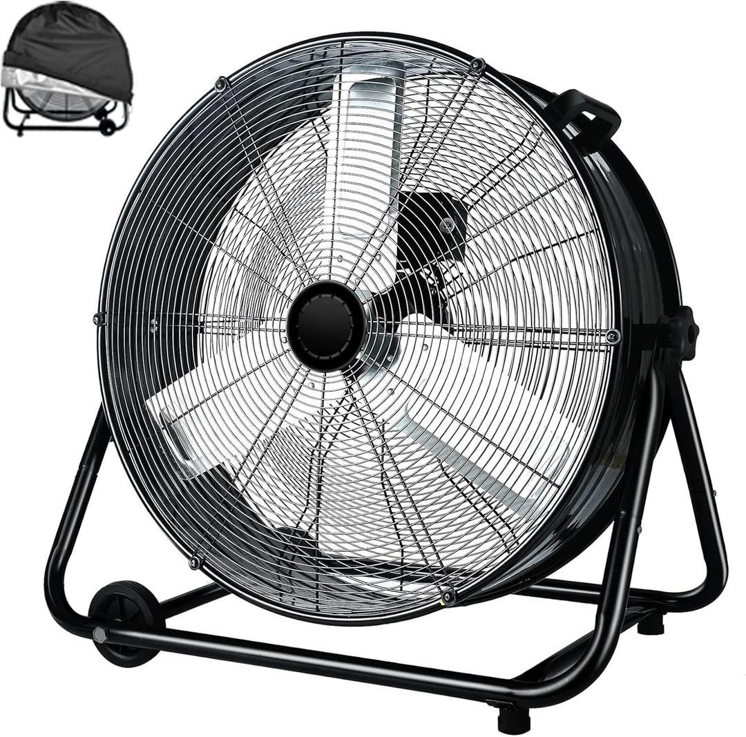 24 Inch High Velocity Heavy Duty Industrial Fan with 3-Speed Adjustment Up to 8100 CFM, Large Fan Floor Cover for Factory, Storehouse, Workshop, Garage, Gym, Patio. Black