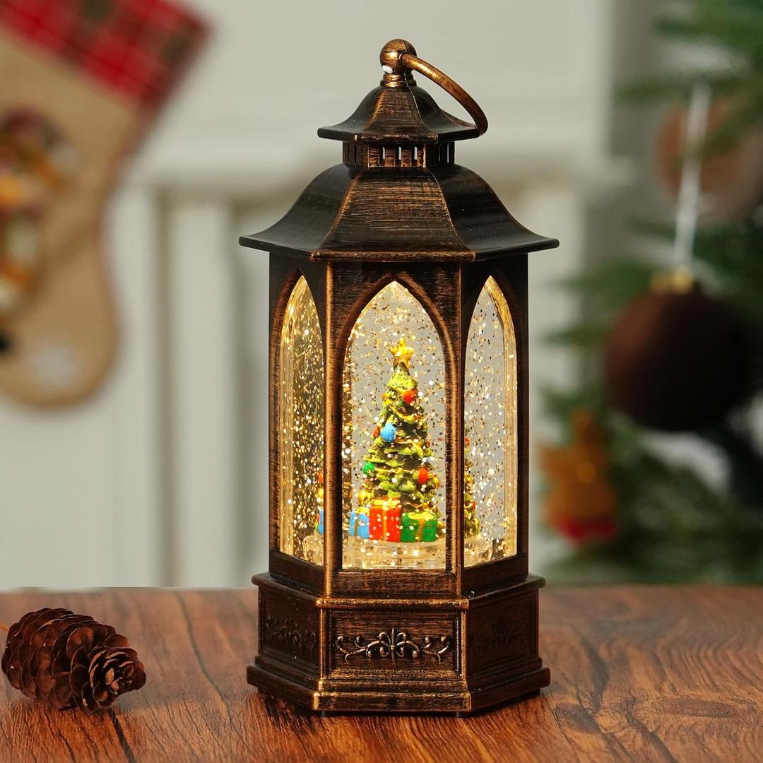 Christmas Snow Globe Lantern Water Glittering Christmas Tree Crown with Music, USB Lined/Battery Operated Lighted Lantern for Christmas Festival Decoration Gifts