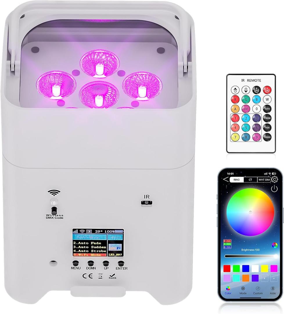 Battery Powered Stage Lights, 9600mAh Rechargeable Par Can Lights 6x18W RGBWA+UV APP/Remote/DMX512/Sound Activated, Uplights for Events Party Wedding DJ Concert Christmas Dance White (1Pc)