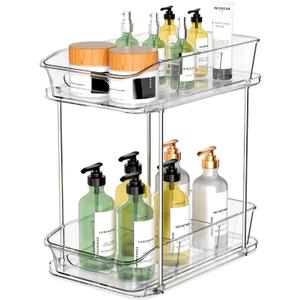 2 Tier Pull-Out Organizer for Bathroom Kitchen, Under Sink Storage with Dividers, Ideal for Cabinet, Cupboard Organization, Slide-Out Clear Storage, 1 Pack