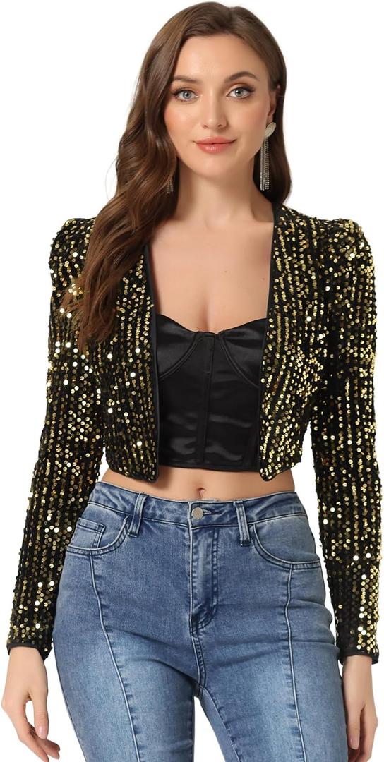 Allegra K Women's Sequin Shrug Open Front Collarless Glitter Sparkly Crop Blazer Jacket L