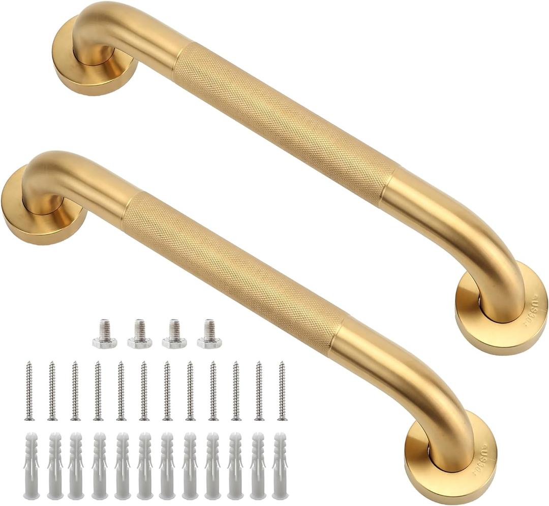 Shower Grab Bar, 2 Pack 12 Inch Gold Bathroom Grab Bar, 1.25" Diameter 304 Stainless Steel Anti-Slip Grab Bars for Bathtubs and Showers, Handicap Shower Grab Bar for Seniors Elderly