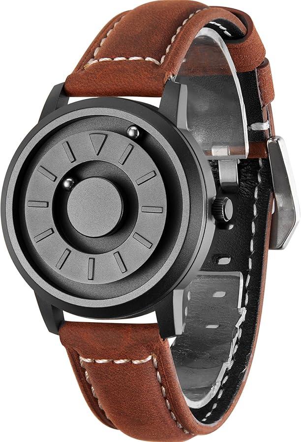 EUTOUR Mens Magnetic Watches 40mm Black Analog Quartz Wrist Magnet Watch Waterproof with Beads Bearing Design and 20mm Brown Leather Watch Band for Business Casual Fashion Ideal Gift Idea for Men
