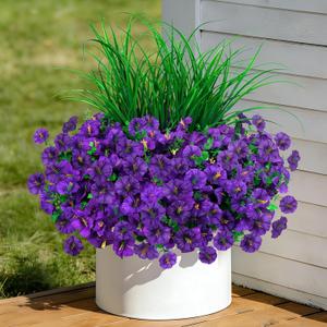 INQCMY Artificial Flowers for Outdoors, 12 Bundles UV Resistant Fake Morning Glory and 2 Bundles Greenery Grass, Silk Faux Plants for Garden Porch Patio Home Decor