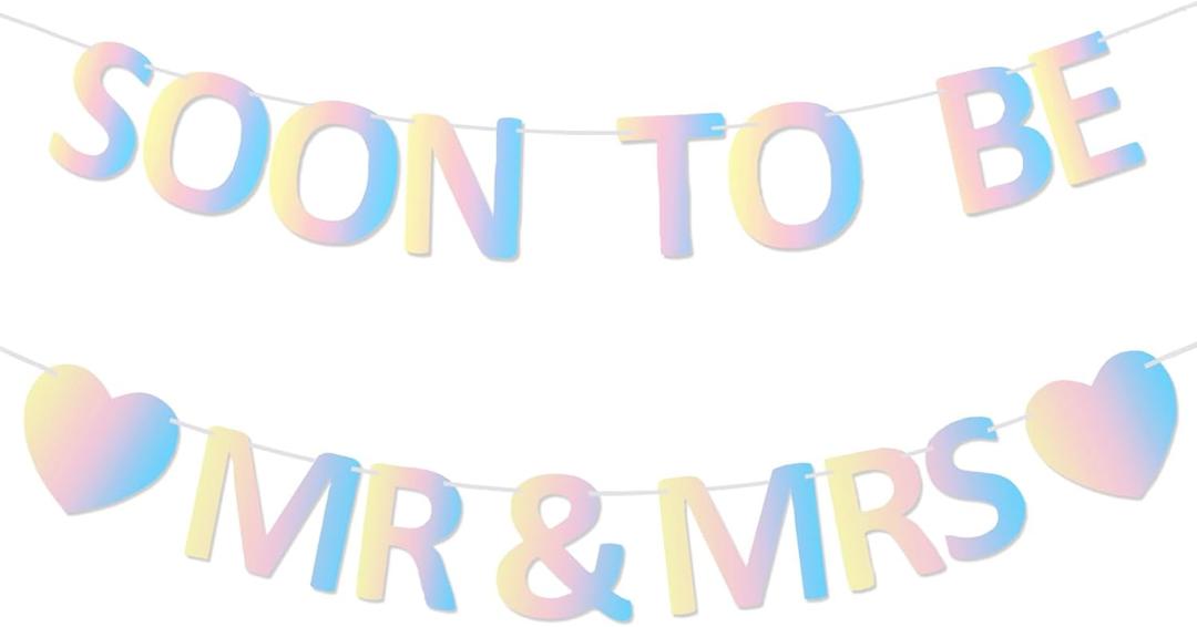 Mr & Mrs Banner Pre-strung Soon To Be Mr and Mrs Sign Glitter Engagement Banner for Bridal Shower Wedding Engagement Bachelorette Party Decorations(Irediscent)