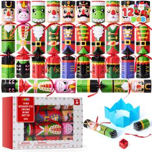 JOYIN 12 pcs Christmas No-Snap Party Favor, Xmas Nutcracker Design Funny Gifts for Kids Includes Party Hat, Jokes & Gifts, Christmas Table Decorations for Dinner Traditions Party Supplies