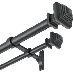 Double Curtain Rods for Windows 36 to 72 Inches, Heavy Duty Double Curtain Rod with Square Retro Finials and Double Aluminum Bracket, Adjustable Double Rod for Curtains, Antique Black