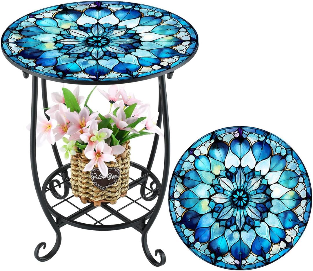 Outdoor Side Table Round Small Mosaic Patio Accent Indoor End Plant Metal Coffee Tea Table for Yard Porch Garden Patio Living Room, Bedroom(Mandala Flower Style,14 Inch)