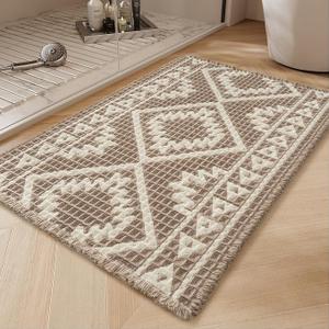Waffle Bath Mat 24"x36"-Super Absorbent Bath Mats for Bathroom, Machine Washable Non Slip Bathroom Rug with Tassels, Soft Bathroom Mat for Laundry Room, Bedroom, Brown & Cream, 2'x 3'