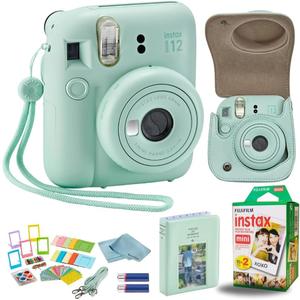 Fujifilm Instant Mini 12 Camera + Accessory Bundle & Custom Case + Fuji Instant (20 Shots) Designer Mini Photo Album (60 Pockets) (Mint Green)