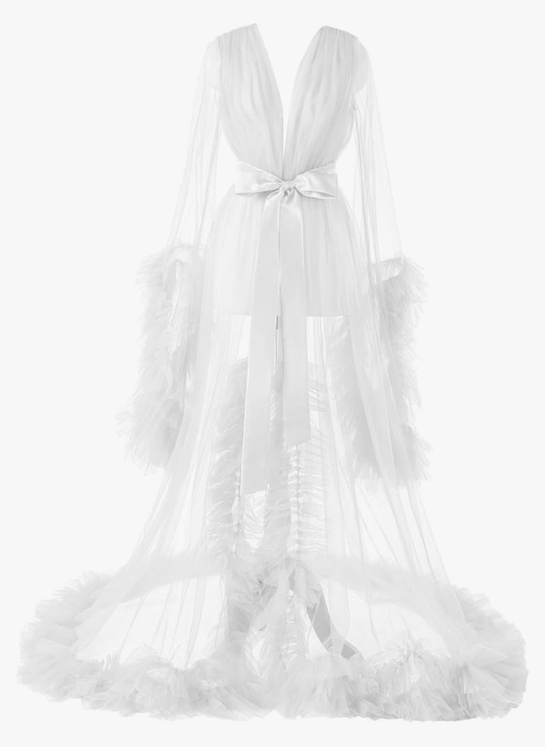 Women's Long Bridal Robes Tulle Lingerie Maternity Bathrobe Photoshoot Illusion Wedding Scarf Party Nightgown XL