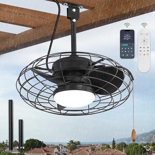 ZMISHIBO Outdoor Ceiling Fans with Light for Patios, Waterproof Gazebo Fan with Remote Control Smart App,3CCT Dimmable, Plug in Caged Ceiling Fan with Pull Chain for Porch Pergola, Black