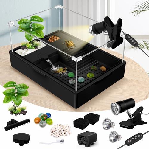 GOZILLA Small Turtle Tank Kit+Water Pump+Lamp, Acrylic Turtle Tank Starter Kit with Adjustable 5W Water Pump and Timing/Dimming Lamp, Multi-Functional Area for Small Turtles(Black Kit).