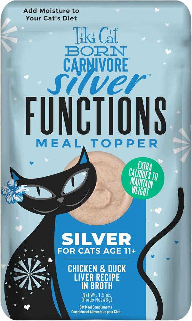 Tiki Cat Born Carnivore Functions Silver, Chicken & Duck Liver Recipe in Broth, High Protein Formulated for Senior Cat Diets, Mousse Cat Food Topper for Older Cats 11+, 1.5 oz. Pouch (12 Count)